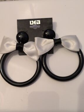 Vintage 1980's Black Hoop Earrings with White Satin Bows